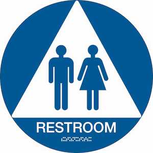 Brady Braille Restroom Sign, 12" Dia, Plastic, White on Blue