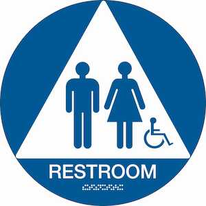 Brady Braille Restroom/Wheelchair Pictogram Sign, 12" Dia, Plastic, White on Blue