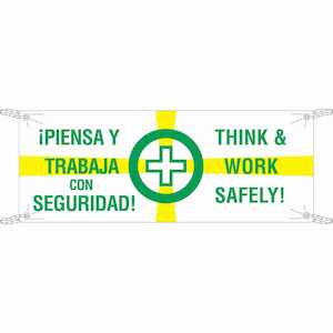 Brady Bilingual Think & Work Safely! Sign, 4' H x 10' W, Polyethylene