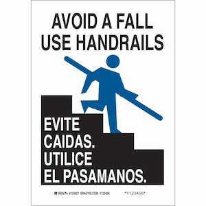 Brady Bilingual Avoid A Fall Use Handrails Sign, 10" H x 7" W, Polyester