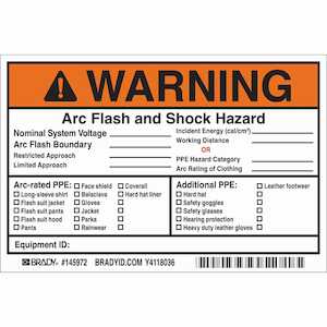 Brady Arc Flash Labels, Adhesive Vinyl, 4" H x 6" W x .004" D, Black/Orange/Red on White, 5/Pack