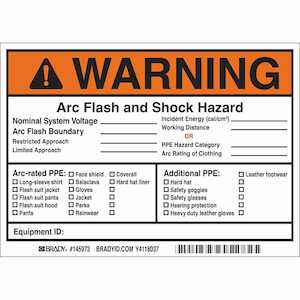 Brady Arc Flash Labels, Adhesive Vinyl, 5" H x 7" W x .004" D, Black/Orange/Red on White, 5/Pack