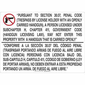 Brady Bilingual Texas Handgun Sign, 20" H x 28" W, Polyester