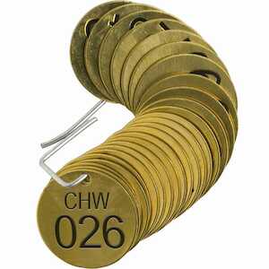 Brady Stamped Brass Valve Tag, 1-1/2" Dia, CHILLED WATER (CHW), 026 - 050, 1/4"