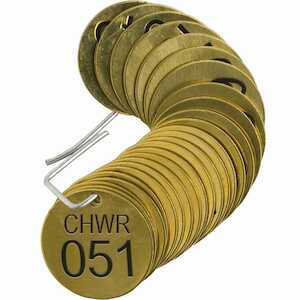 Brady Stamped Brass Valve Tag, 1-1/2" Dia, CHILLED WATER RETURN (CHWR), 051-075, 1/4"