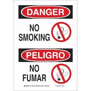 Brady Bilingual DANGER No Smoking Sign, 14" H x 10" W, Polyester