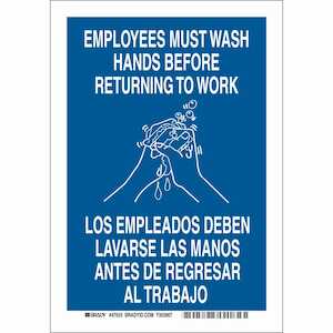 Brady Bilingual Employees Must Wash Hands Before Returning To Work Sign, 10" H x 7" W, Polyester
