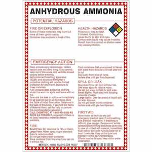 Brady Anhydrous Ammonia Potential Hazards Sign, 10" H x 7" W, Black/Blue/Red/Yellow on White