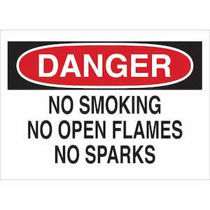 Brady DANGER No Smoking No Open Flames No Sparks Sign, 10" H x 14" W, Fiberglass