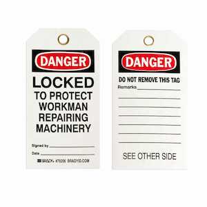 Brady Lockout Tag LOCKED TO PROTECT WORKMAN REPAIRING MACHINERY, Polyester, 5.75 x 3, 25/Pack