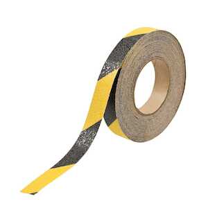 Brady Anti-Skid Tape, Grit-Coated Polyester, Diagonal Stripes, Black on Yellow, 1" x 60'
