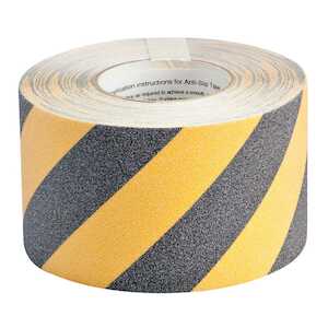 Brady Anti-Skid Tape, Grit-Coated Polyester, Diagonal Stripes, Black on Yellow, 4" x 60'