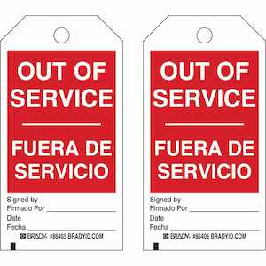 Brady Bilingual Accident Prevention Tag: OUT OF SERVICE, Paper, 7" H x 4" W, 100/Pack