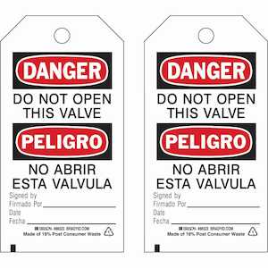 Brady Bilingual Accident Prevention Tag: DANGER Do Not Open This Valve, 5.75 x 3, 10/Pack