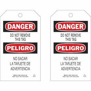 Brady Bilingual Tag: DANGER Do Not Remove This Tag, 7" H x 4" W, 100/Pack