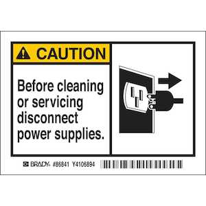 Brady CAUTION Before Cleaning Or Servicing Disconnect Power Supp Labels, 3.5" H x 5" W, Black/Yellow on White