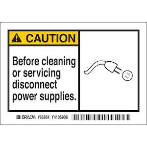 Brady CAUTION Before Cleaning Or Servicing Disconnect Power Supp Labels, 3.5" H x 5" W, Black/Yellow on White