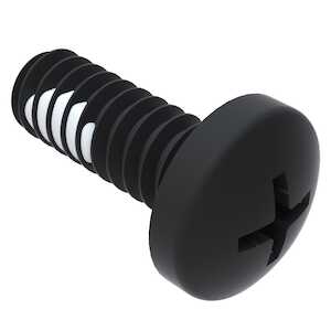 1/4"-28 x 1" Long, Ribbed Cruciform Recess, Pan Head Machine Screw, A286 Stainless, Black Oxide, Nylon Patch