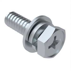 1/4"-28 X 1/2" L,Phillips, Indented Hex Head, SEMS Machine Screw, Flat & Split Lock Washers, Steel, Zinc Clear Trivalent