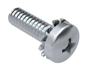 1/4"-20 X 1" L, Phillips, Pan Head SEMS Machine Screw, External-Tooth Lock Washer, Steel, Zinc Clear Trivalent. Specification - ASME B18.13
