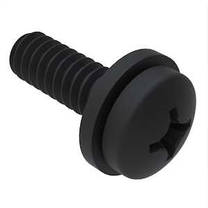 10-32 X 3/8" L, Phillips Pan Head SEMS Machine Screw, Flat Washer, Stainless Steel, Black Oxide. Screw Per ASME B18.6.3