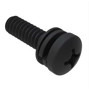 1/4"-20 X 1/2" L, Phillips Pan Head SEMS Machine Screw, Flat & Split Lock Washers, Stainless Steel, Black Oxide, Flat Washer O.D. 33/64"