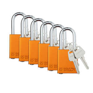 Brady Aluminum Safety Lockout Padlock, 1.5" Steel Shackle, Keyed Alike, Orange, 6/Pack