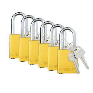 Brady Aluminum Safety Lockout Padlock, 1.5" Steel Shackle, Keyed Alike, Yellow, 6/Pack