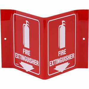 Brady "V" Fire Extinguisher Sign, 6" H x 8" W x 4" D, White on Red, Acrylic