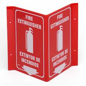 Brady Bilingual V Fire Extinguisher Sign, 11" H x 12" W x 5" D, Acrylic, White on Red