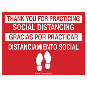 Brady Bilingual SOCIAL DISTANCING Floor Sign, 14" H x 18" W Vinyl, Red on White - OBSOLETE